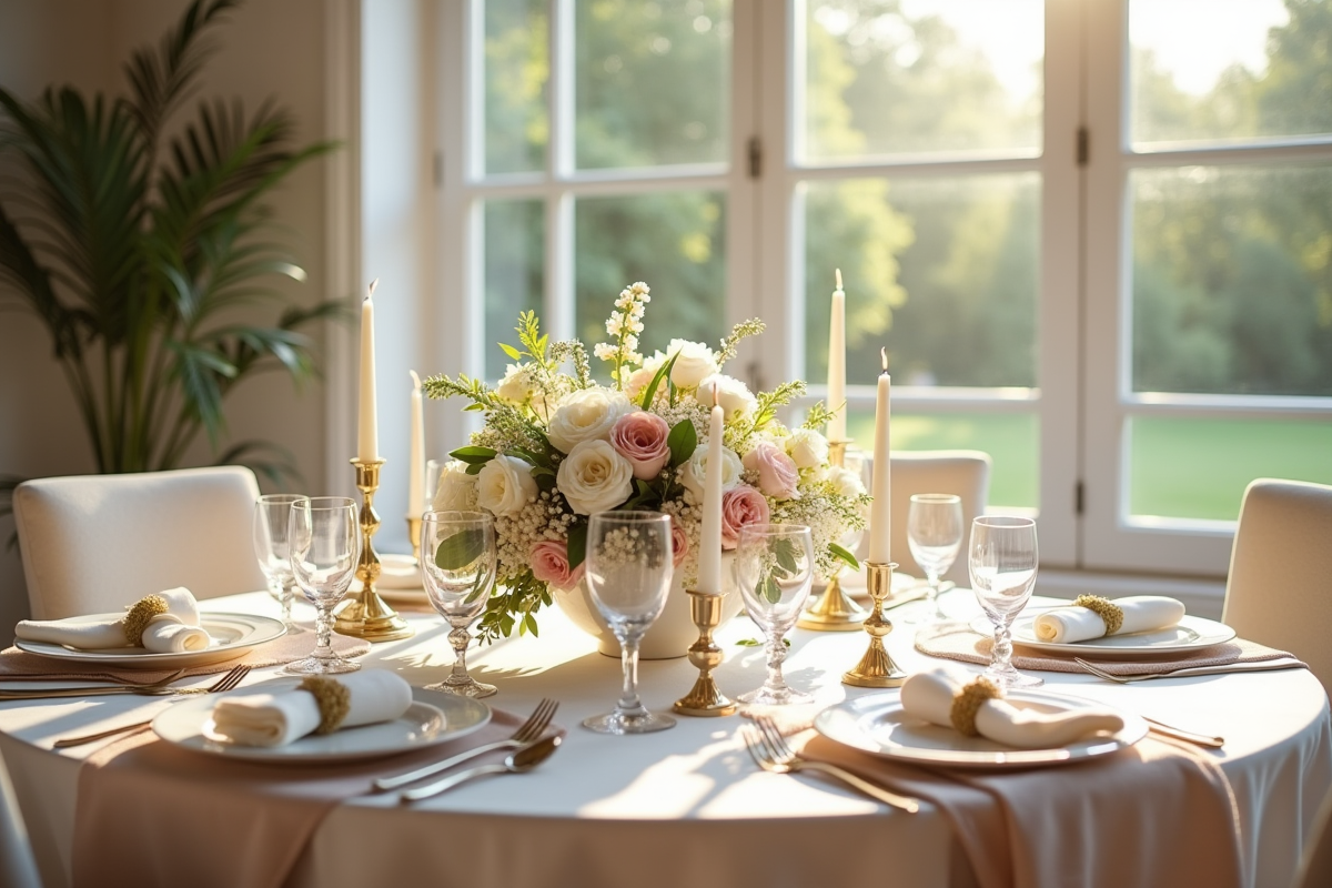 Table de mariage élégante avec vaisselle fine et fleurs blanches