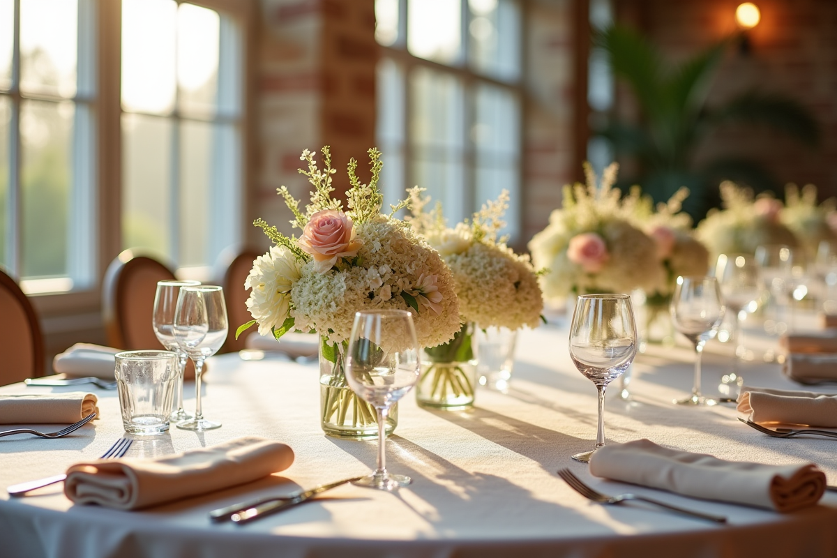 Table de réception de mariage intérieure avec fleurs et lumière naturelle