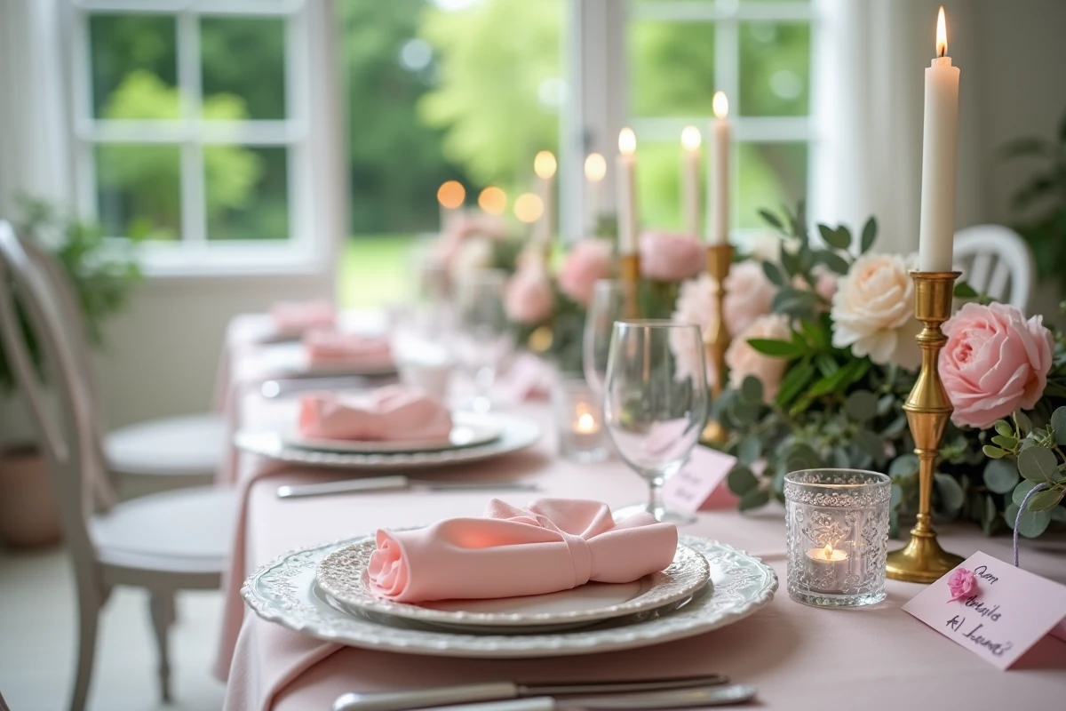 Détails d une table romantique avec fleurs et vaisselle fine