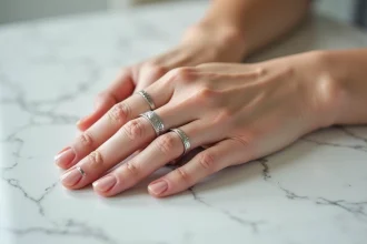 Main de femme adulte avec plusieurs bagues en argent de tailles différentes posée sur du marbre blanc