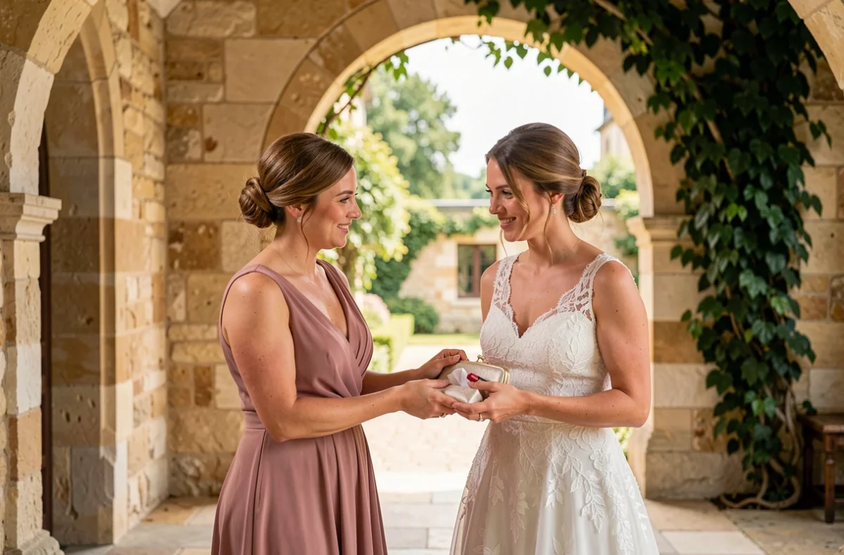 Témoin de mariage remettant discrètement un kit de survie en pochette à la mariée dans un couloir de château