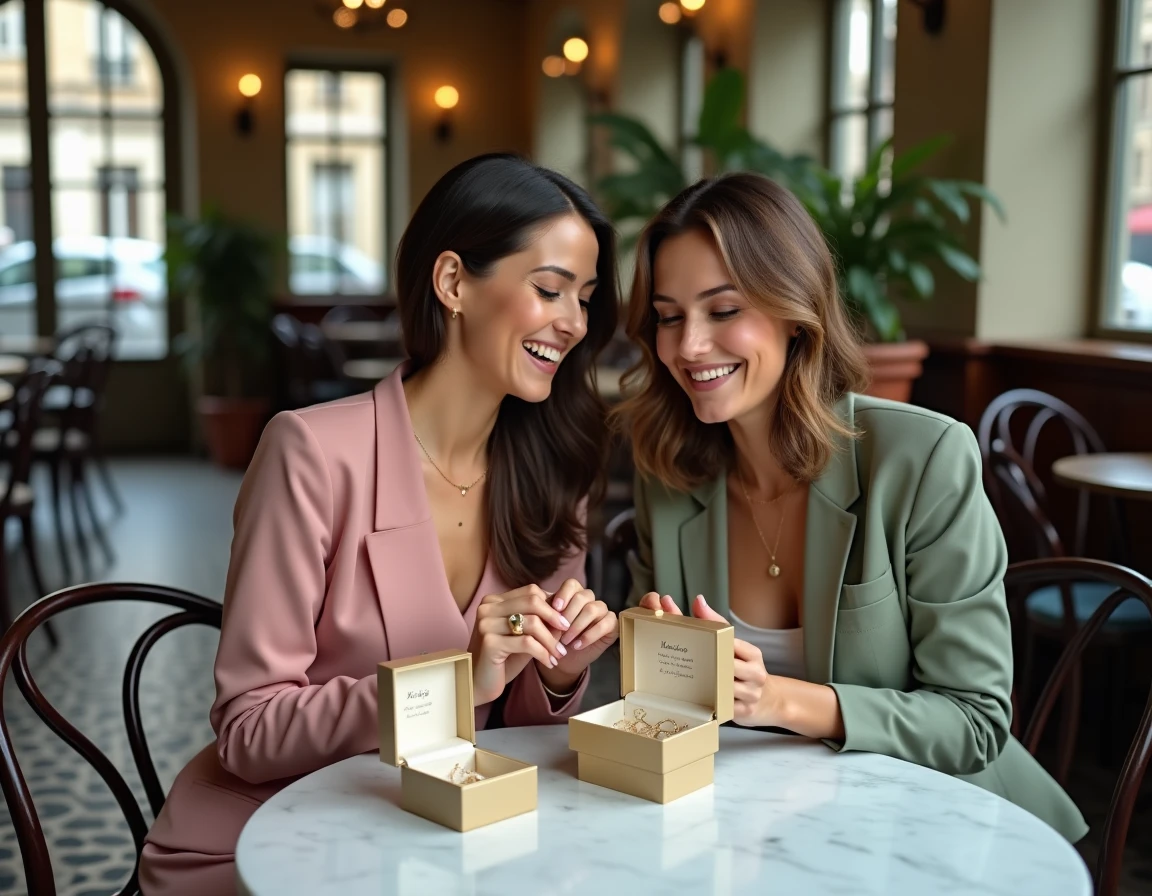 Deux témoins de mariage découvrant leurs cadeaux personnalisés dans un bistrot parisien