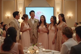 Groupe de temoins de mariage souriants en costumes pastel