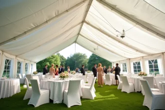 Tente de réception gonflable installée dans un jardin avec décoration intérieure élégante et tables dressées