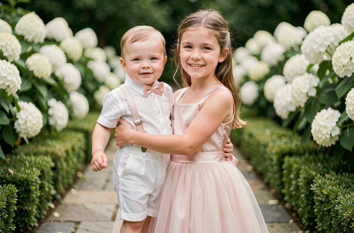 Bébé en tenue de cérémonie blanche assorti à la demoiselle d'honneur en robe rose poudré dans un jardin