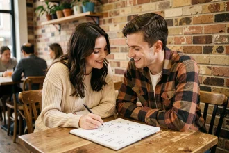 Couple complice attablé dans un café testant leur compatibilité par prénom sur un carnet