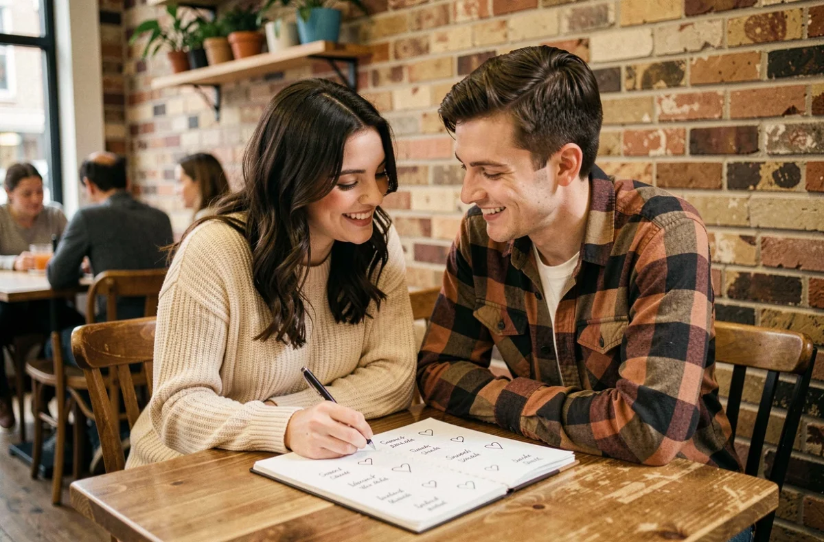 Couple complice attablé dans un café testant leur compatibilité par prénom sur un carnet