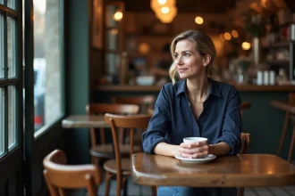 Femme pensive attablée dans un café parisien, illustrant la notion de vie privée et d'intimité préservée