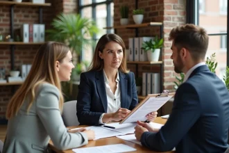 Wedding planner présentant un devis détaillé à un couple lors d'une réunion de consultation dans un bureau professionnel moderne