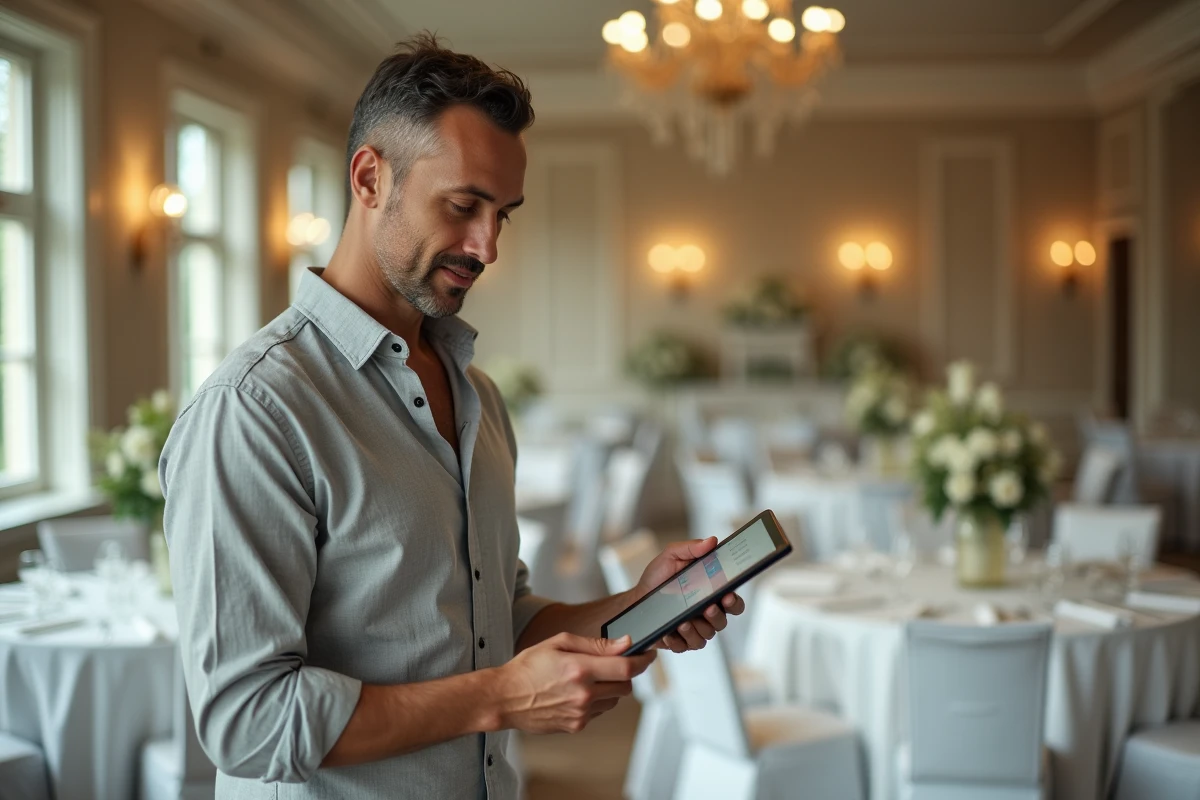 Wedding planner masculin vérifiant les derniers détails d'un devis sur tablette dans une salle de réception de mariage élégamment décorée