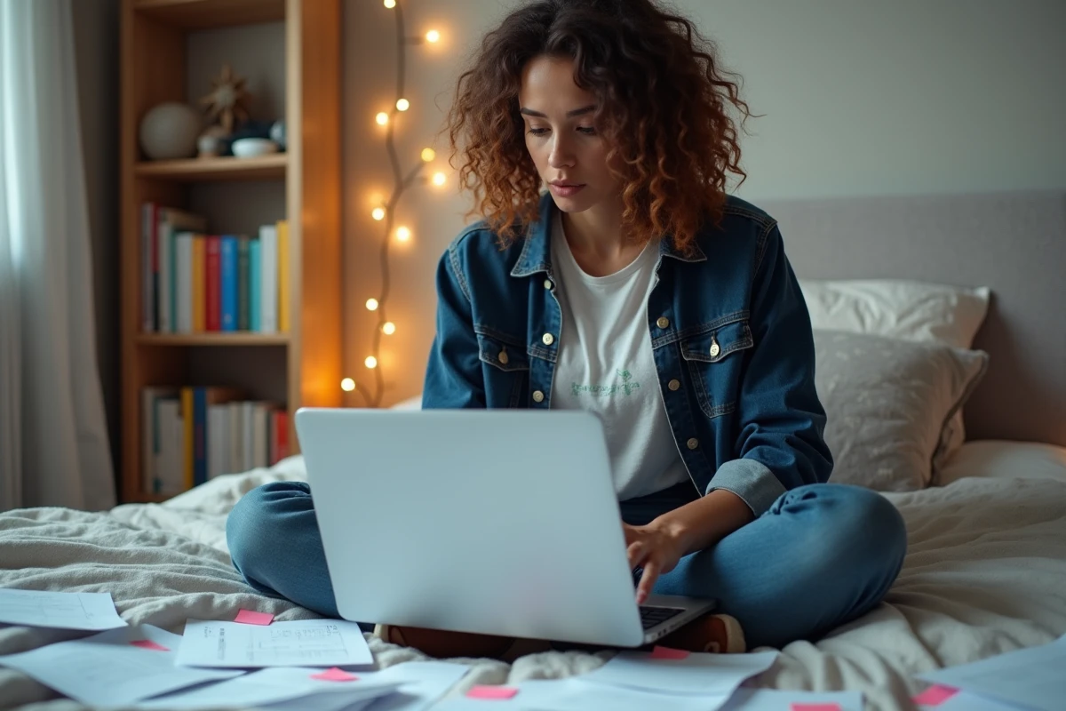 Femme lisant de la fanfiction sur son ordinateur portable entourée de textes de fans, thème des rumeurs et relations imaginaires de célébrités comme Yseult