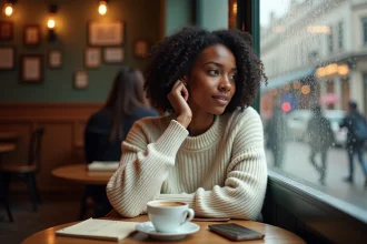 Jeune femme pensive seule dans un café parisien, illustrant la solitude et les fantasmes romantiques liés à la fanfiction sur Yseult