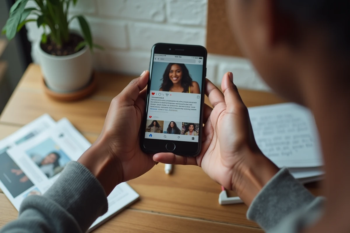 Mains tenant un smartphone avec des publications de fans sur les réseaux sociaux, illustrant la frontière floue entre fiction et réalité dans la fanfiction sur Yseult